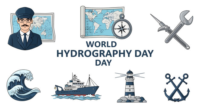 World Hydrography Day graphic featuring a sailor world map ship lighthouse anchors tools and an ocean wave