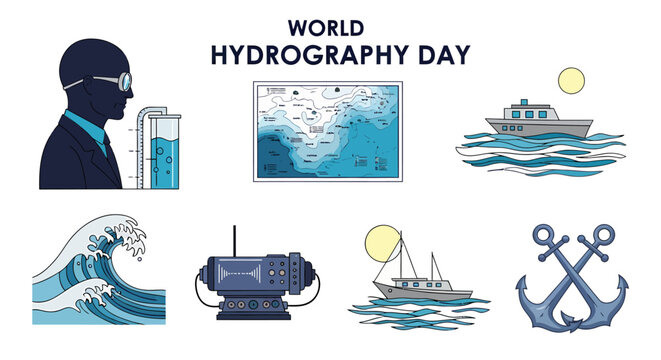 World Hydrography Day graphic with a scientist ocean map ships sonar equipment waves and crossed anchors