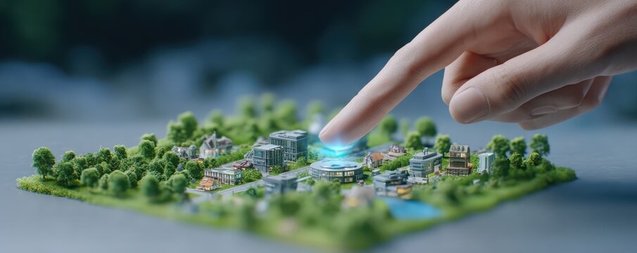 A hand interacts with a miniature smart city model surrounded by greenery, highlighting futuristic urban planning and digital technology integration.