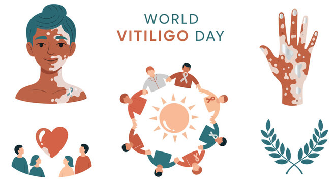 World Vitiligo Day illustration with a woman hand and people in a circle featuring skin pigmentation patches