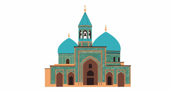 A stylized illustration of an Islamic mosque with teal domes and intricate green facade