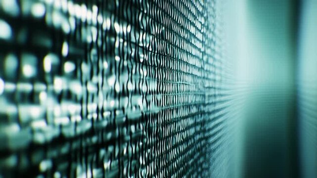 Futuristic network pattern creating a technology grid structure on a digital screen, visualizing data flow and complex computing systems with an abstract perspective