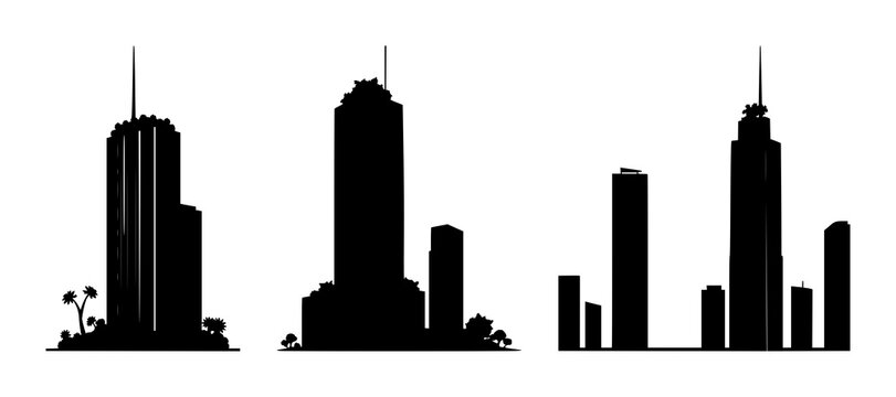 Green skyscraper set with solid black icon on white background featuring green building, vegetation, sustainability with illustration and vector