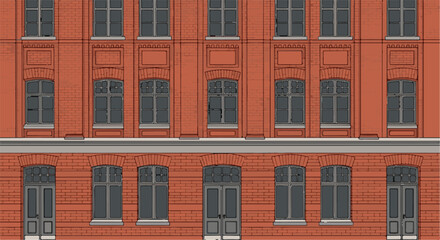 Fototapeta premium A repeating pattern of an old brick building facade with windows and doors