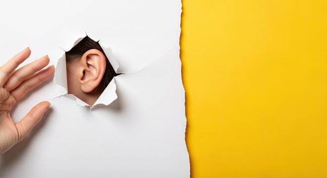 Human ear peeking through a torn white paper hole on yellow background