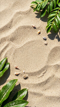 Tropical Green Leaves On Beach Sand. Fresh tropical green leaves arranged on warm textured beach sand in the sun