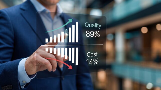 Businessman interacting with holographic interface showing quality increasing and cost decreasing charts for corporate efficiency strategy