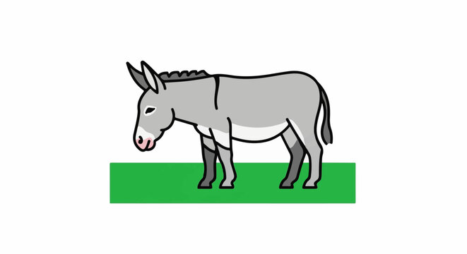 A simplified gray donkey stands on green grass against a white background