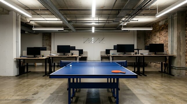 Modern office interior with open plan workspace and ping pong table