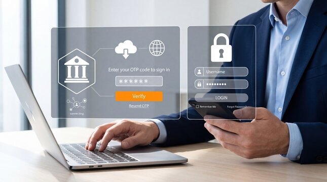 Man using laptop and smartphone for secure online banking login, entering OTP code and password, digital security, two-factor authentication, fintech, cyber safety and mobile