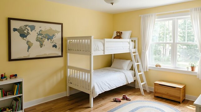 Cozy childrens bedroom with bunk beds and yellow walls