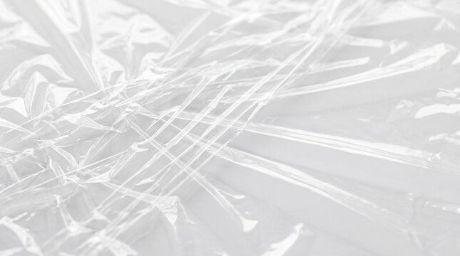 Close up abstract white crinkled plastic texture background with shiny highlights and deep shadows creating geometric patterns suitable for packaging design or minimalist artistic