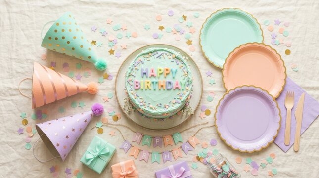 Festive birthday party setup with cake, hats, confetti, and plates