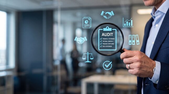 Businessman auditing financial statements, internal controls, risk assessment, compliance checklist with magnifying glass in modern office.