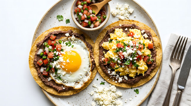 Two crispy corn tostadas topped with refried beans, runny egg yolk, scrambled eggs, queso fresco, salsa, and cilantro.