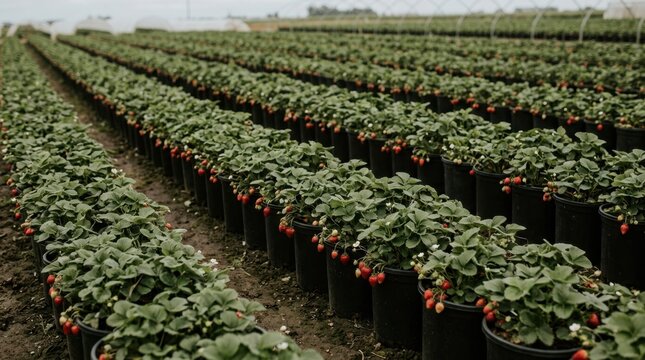Rows of strawberry plants in black pots ready for harvest at a farm