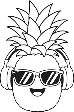 Cute Pineapple Character with Headphones and Sunglasses Cartoon Line Art Illustration