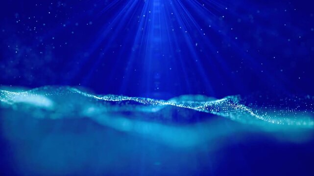 Abstract blue digital particles wave flow with cinematic light rays and bokeh background for technology and data concepts.
