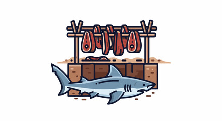 Fototapeta premium A shark swims by a drying rack holding raw steaks