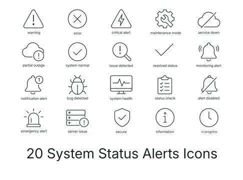 System Status Alerts UI Icon Set &ndash; Warning, Error, Maintenance, Outage, Monitoring, Modern Outline Vector Icons