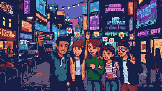 Pixel art of a group of friends sitting on a park bench outdoors while everyone is distracted by their smartphones