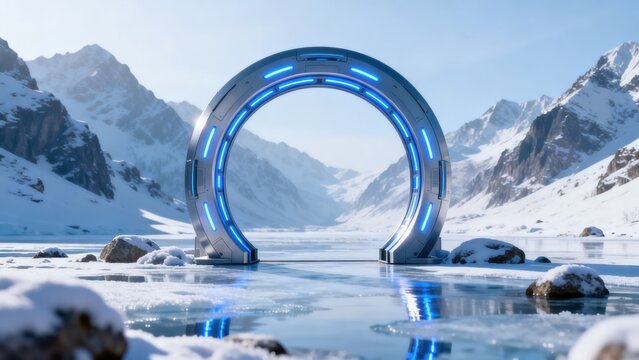 Scifi portal in snowy mountain landscape
