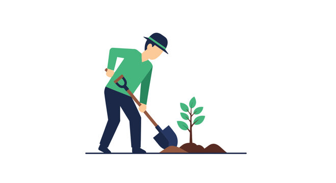 Gardener planting a sapling with shovel