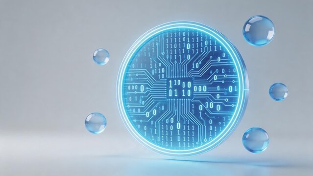 Blue digital coin with binary code