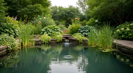 Fototapeta premium Serene garden pond with lush greenery.