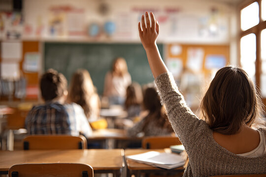 High school student raising hand in sunlit classroom &mdash; female with long brown hair in a gray knit sweater, teacher blurred at front of room