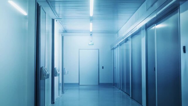 Sterile clinic hallway featuring a row of closed rooms with automatic doors, illuminated by bright overhead fluorescent lights, creating a clean, futuristic, and empty environment