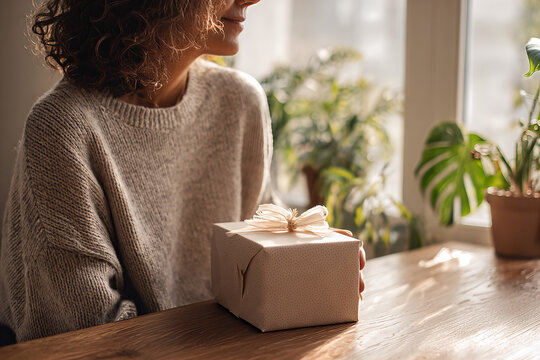 Curly - haired woman in chunky beige sweater, gentle gift recipient holding polkadot wrapped present with raffia bow by sunlit window and potted plants