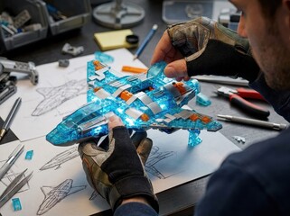 Naklejka premium Hands assembling LEGO blocks into model aircraft, creative play and construction