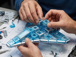 Fototapeta premium Hands putting LEGO pieces together, building model aircraft creatively