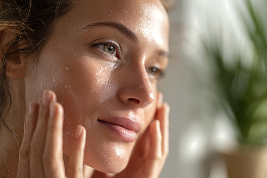 Caucasian model gently massaging dewy moisturizer into freckled cheek with fingertips, soft natural light and blurred houseplant backdrop