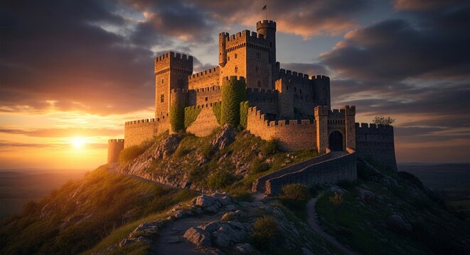 Ancient stone castle on a hill at sunset