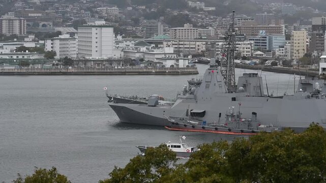 Japanese maritime self-defense force warship docked in sasebo port