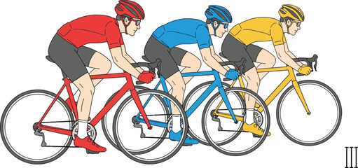Fototapeta premium Three cyclists riding side by side on colorful bicycles cycling sports racing
