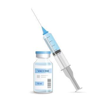 Medical vaccine vial and syringe with needle, vertical vector illustration. Vaccination concept with injection bottle and hypodermic syringe isolated on white background.