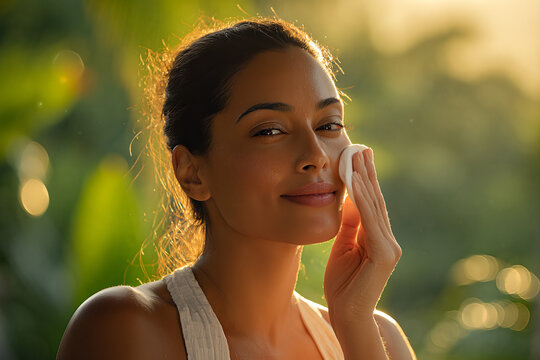 Latin woman model gently removes makeup with a cotton pad on a sunlit balcony at golden hour &mdash; serene half - smile, white tank top, backlit hair bokeh