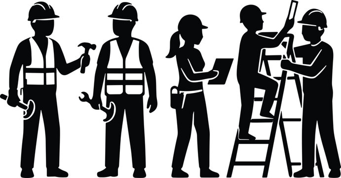 Construction teamwork illustration with workers in safety helmets collaborating on site using tools, ladder, and clipboard