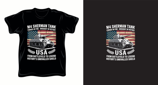 Vintage style M4 Sherman tank graphic design for apparel featuring American flag background.