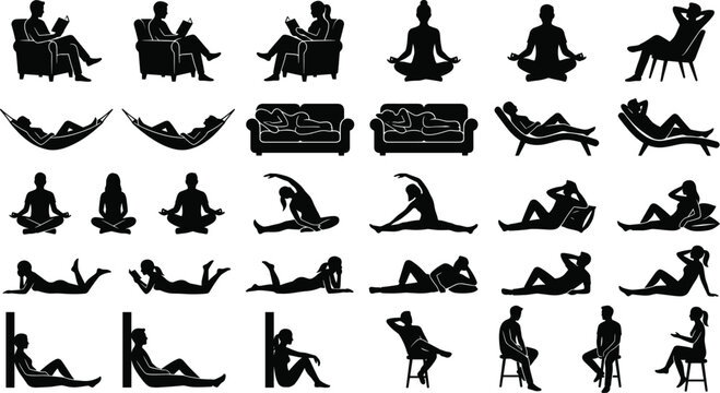 Large collection of human silhouettes in relaxed poses including sitting on sofas, yoga meditation, lying in hammocks, and sleeping for wellness and lifestyle concepts