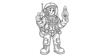 Fototapeta premium Astronaut with Rocket and Thumbs Up, Vector Line Art