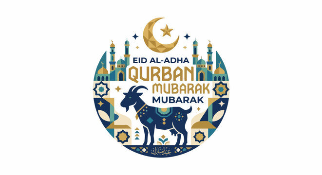 Eid al Adha Qurban Mubarak modern defend style vector featuring crescent moon mosque and goat silhouette, simple geometric composition, clean editable paths, flat Islamic design, isolated on white bac