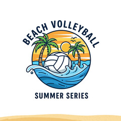 Obraz premium Beach Volleyball Summer Series Logo with Palm Trees and Sunset