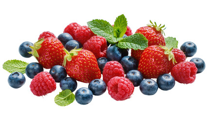 Isolated fresh organic mixed berries and mint leaves, a delicious healthy natural snack © Andrei