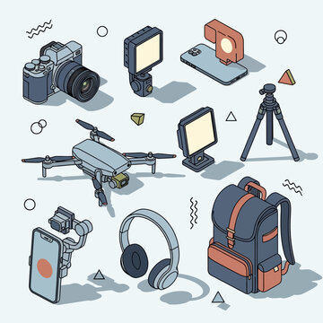 Content Creator Gear: Drone, Camera, Smartphone, Gimbal, Lights, Backpack, Tripod