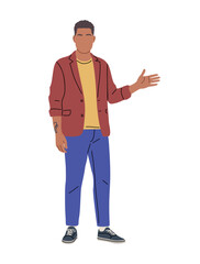 Naklejka premium Man gestures warmly with open hand. Wears red jacket, yellow shirt, blue pants. Dressed casually, standing against plain background. Looks relaxed, inviting, friendly gesture shown