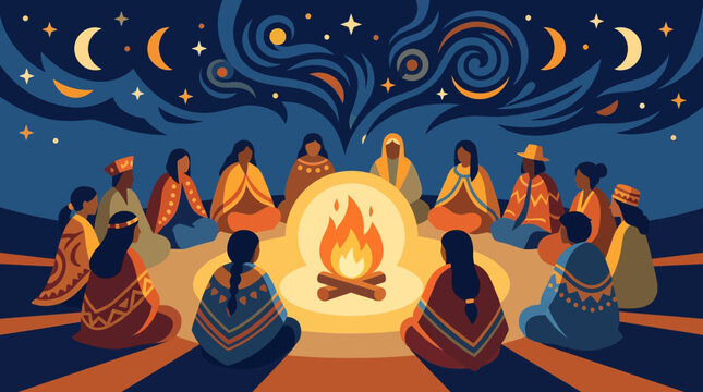 Illustration of indigenous people gathering around a campfire under a starry night sky, celebrating culture and community